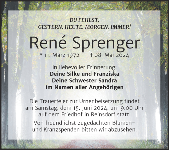 Traueranzeige von René Sprenger von Naumburger Tageblatt