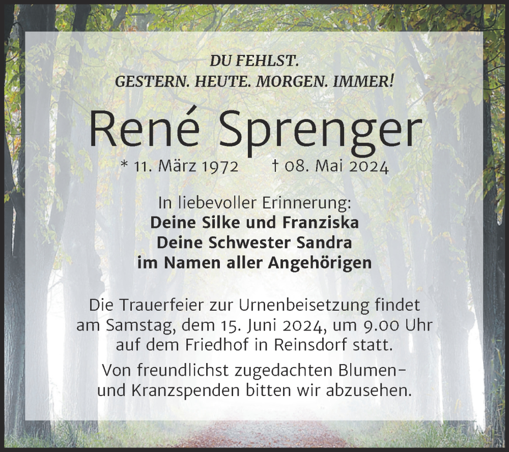  Traueranzeige für René Sprenger vom 08.06.2024 aus Naumburger Tageblatt