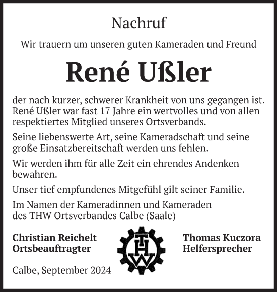 Traueranzeige von René Ußler von Volksstimme Schönebeck