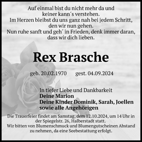 Traueranzeige von Rex Brasche von Volksstimme Halberstadt