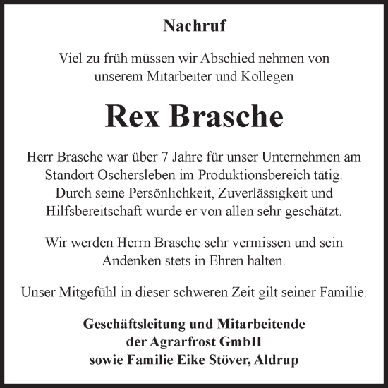 Traueranzeige von Rex Brasche von Volksstimme Oschersleben/Wanzleben