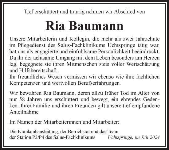 Traueranzeige von Ria Baumann von Volksstimme Altmark Ost