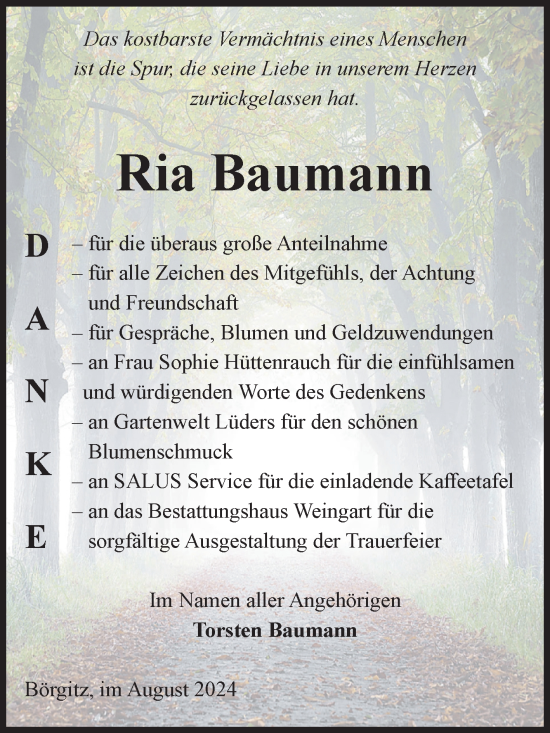 Traueranzeige von Ria Baumann von Volksstimme Altmark Ost