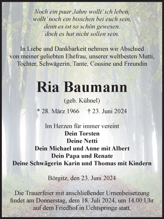 Traueranzeige von Ria Baumann von Volksstimme Altmark Ost