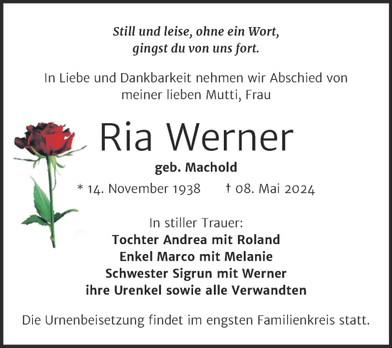 Traueranzeige von Ria Werner von Trauerkombi Zeitz
