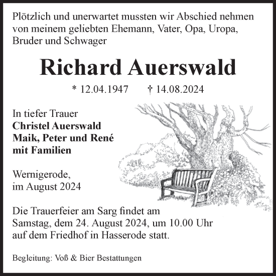 Traueranzeige von Richard Auerswald von Volksstimme Wernigerode