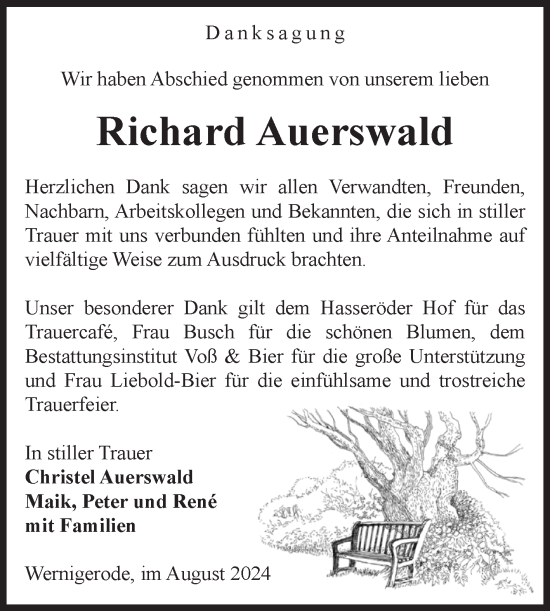 Traueranzeige von Richard Auerswald von Volksstimme Wernigerode