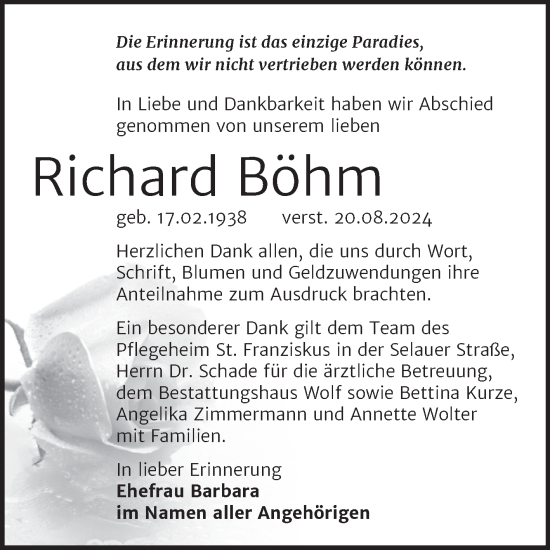 Traueranzeige von Richard Böhm von Trauerkombi Weißenfels