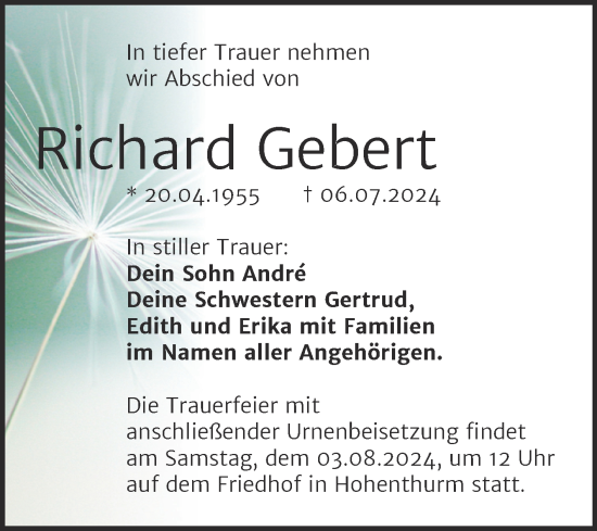 Traueranzeige von Richard Gebert von Mitteldeutsche Zeitung Halle/Saalkreis