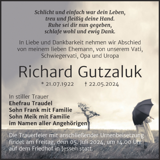 Traueranzeige von Richard Gutzaluk von Trauerkombi Wittenberg
