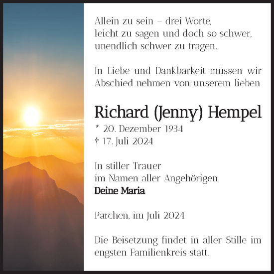 Traueranzeige von Richard Hempel von Volksstimme Burg/Genthin