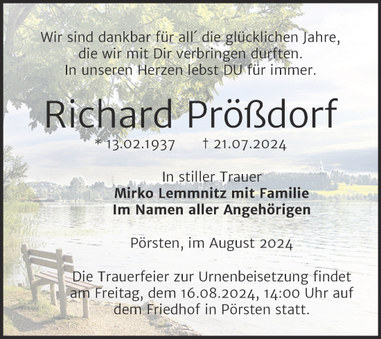 Traueranzeige von Richard Prößdorf von Trauerkombi Weißenfels