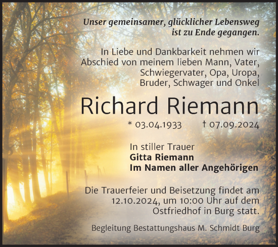 Traueranzeige von Richard Riemann 
