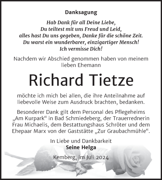 Traueranzeige von Richard Tietze von Trauerkombi Wittenberg