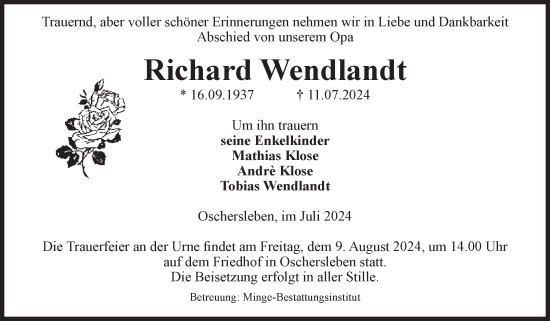 Traueranzeige von Richard Wendlandt von Volksstimme Oschersleben/Wanzleben