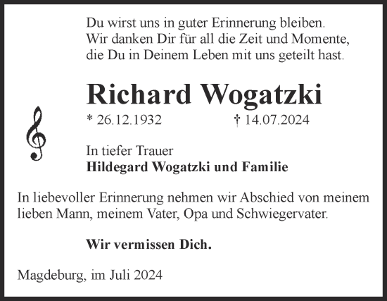 Traueranzeige von Richard Wogatzki von Volksstimme Magdeburg