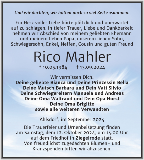 Traueranzeige von Rico Mahler von Trauerkombi Mansfelder Land
