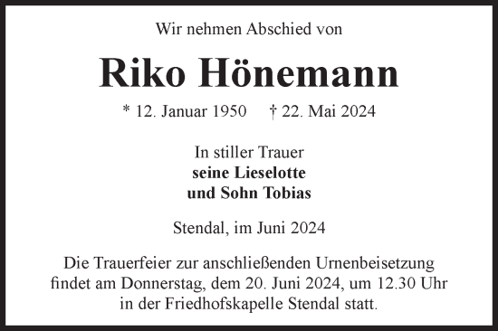 Traueranzeige von Riko Hönemann von Volksstimme Altmark Ost