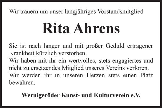 Traueranzeige von Rita Ahrens von Volksstimme Wernigerode