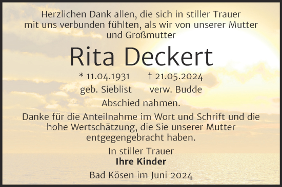 Traueranzeige von Rita Deckert von Super Sonntag Naumburg/Nebra