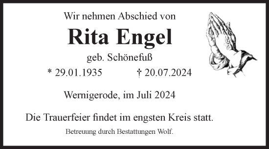Traueranzeige von Rita Engel von Volksstimme Halberstadt