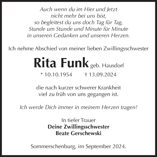 Traueranzeige von Rita Funk von Volksstimme Oschersleben/Wanzleben