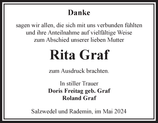 Traueranzeige von Rita Graf von Volksstimme Altmark West