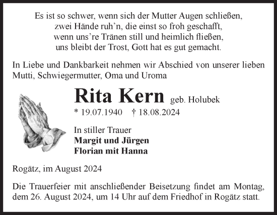 Traueranzeige von Rita Kern von Volksstimme Haldensleben/Wolmirstedt