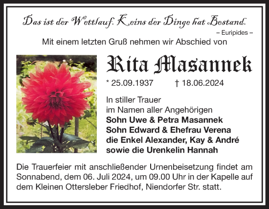 Traueranzeige von Rita Masannek von Volksstimme Magdeburg