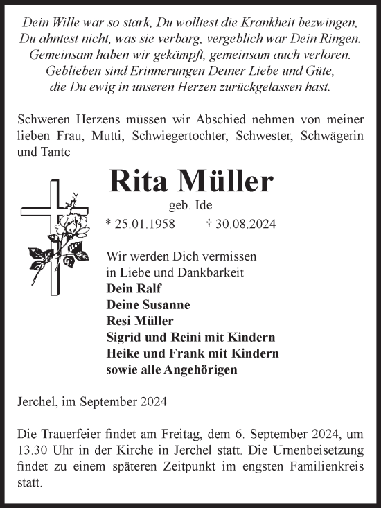 Traueranzeige von Rita Müller von Volksstimme Altmark Ost