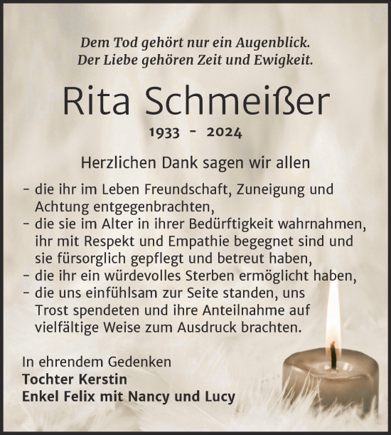 Traueranzeige von Rita Schmeißer von Trauerkombi Weißenfels