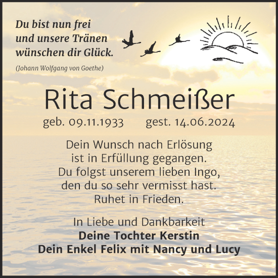 Traueranzeige von Rita Schmeißer von Trauerkombi Weißenfels