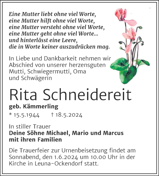 Traueranzeige von Rita Schneidereit von Trauerkombi Merseburg