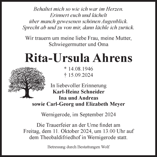 Traueranzeige von Rita-Ursula Ahrens von Volksstimme Wernigerode