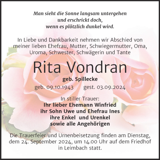 Traueranzeige von Rita Vondran von Trauerkombi Mansfelder Land