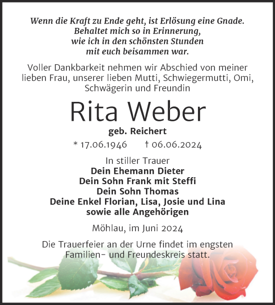 Traueranzeige von Rita Weber von Trauerkombi Wittenberg