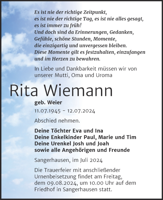 Traueranzeige von Rita Wiemann von Trauerkombi Sangerhausen
