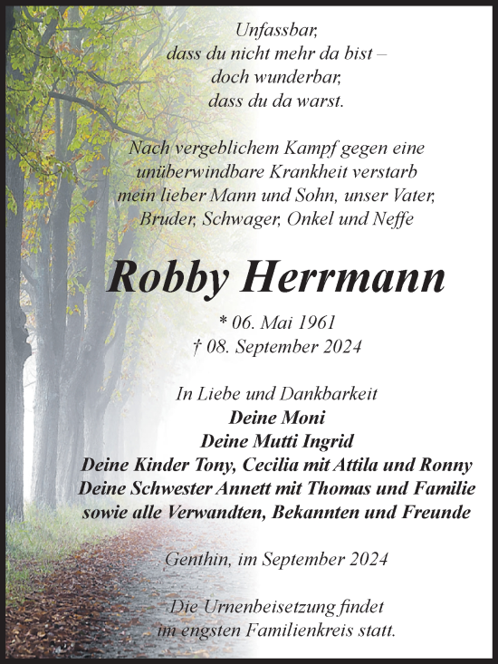 Traueranzeige von Robby Herrmann von Volksstimme Burg/Genthin