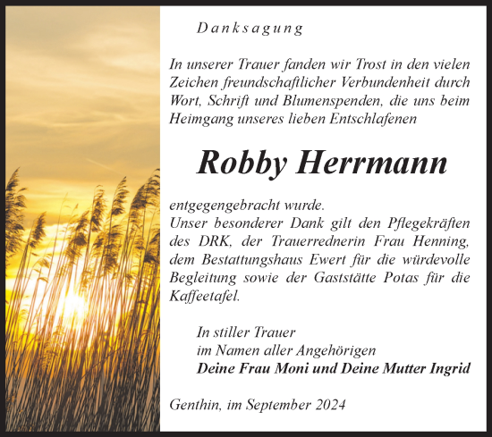 Traueranzeige von Robby Herrmann von Volksstimme Burg/Genthin