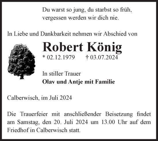 Traueranzeige von Robert König von Volksstimme Altmark Ost