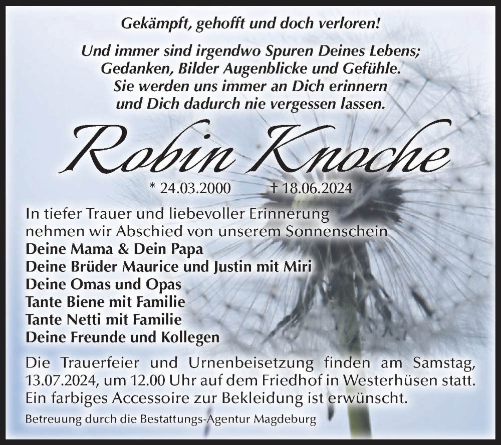  Traueranzeige für Robin Knoche vom 06.07.2024 aus Volksstimme Magdeburg