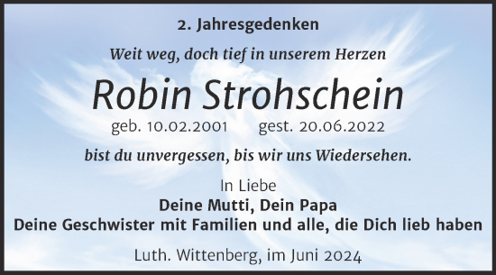 Traueranzeige von Robin Strohschein von Trauerkombi Wittenberg