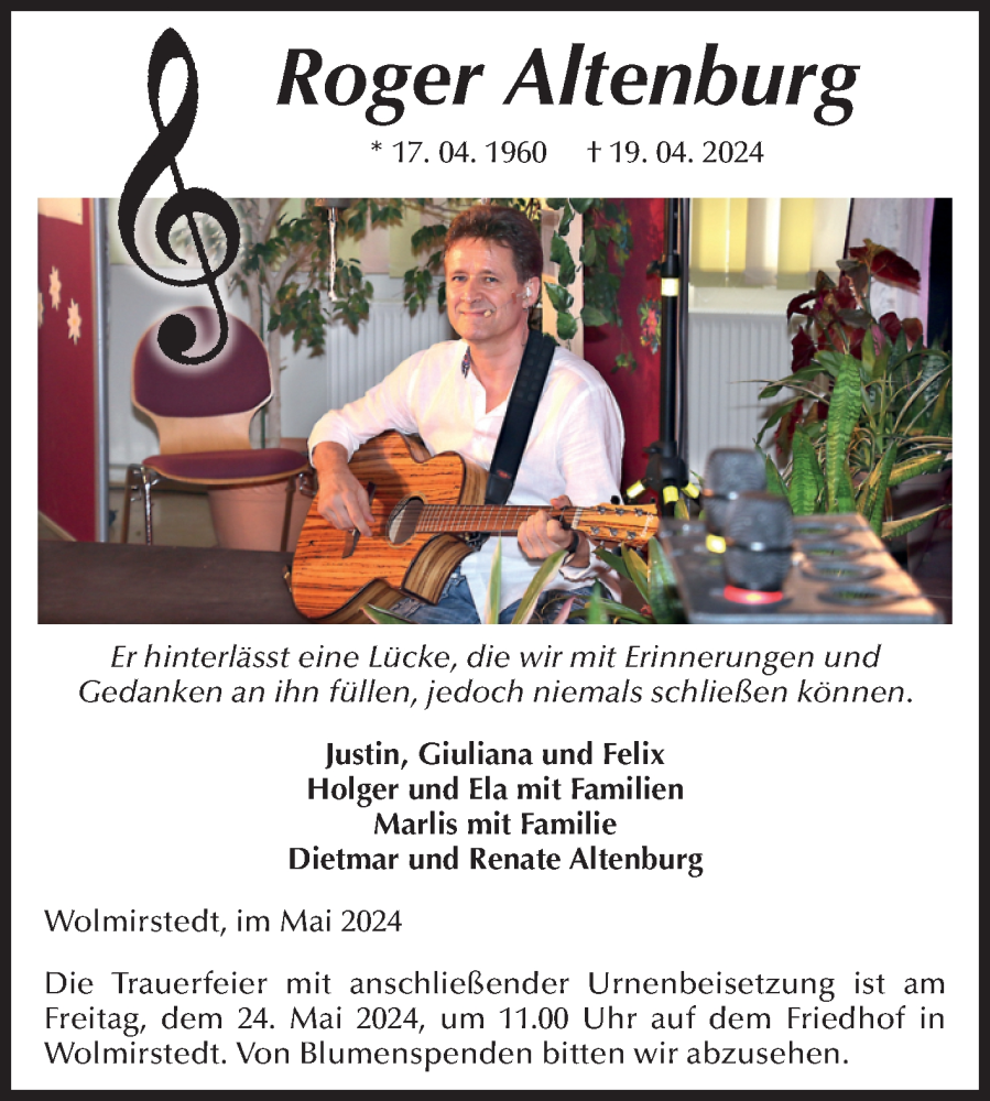  Traueranzeige für Roger Altenburg vom 18.05.2024 aus Volksstimme Haldensleben/Wolmirstedt