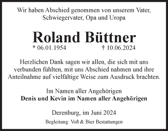 Traueranzeige von Roland Büttner von Volksstimme Wernigerode