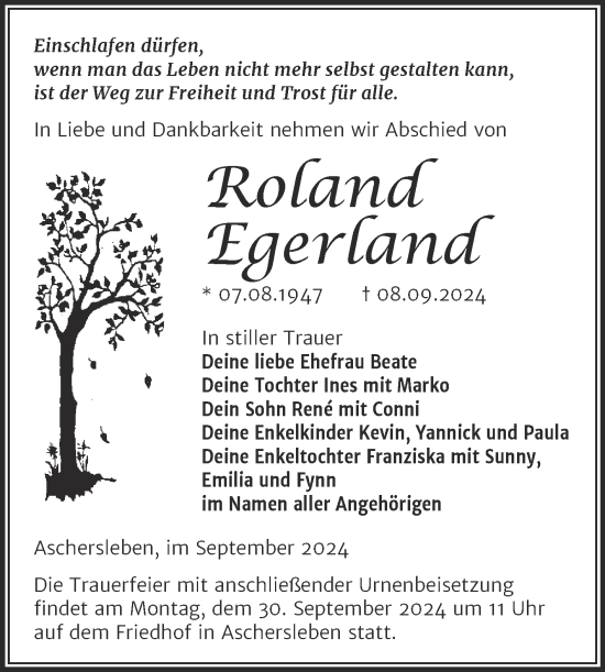 Traueranzeige von Roland Egerland von Super Sonntag Aschersleben