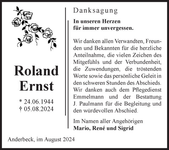 Traueranzeige von Roland Ernst von Volksstimme Halberstadt