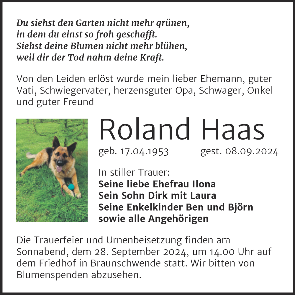  Traueranzeige für Roland Haas vom 17.09.2024 aus Trauerkombi Mansfelder Land