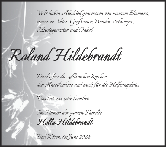 Traueranzeige von Roland Hildebrandt von Super Sonntag Naumburg/Nebra