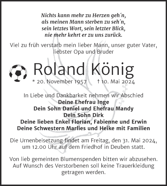 Traueranzeige von Roland König von Trauerkombi Weißenfels
