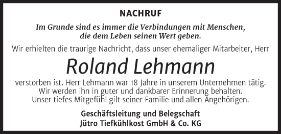 Traueranzeige von Roland Lehmann von Super Sonntag Wittenberg